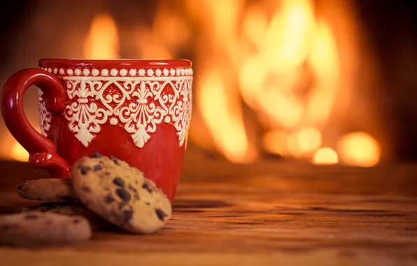 Picture winter, coffee, hot, cookies, Cup, fire, fireplace, cup