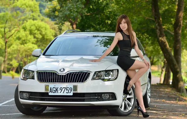 Auto, look, girl, Asian, beautiful girl, beautiful dress, posing on the car, Skoda Superb Combi