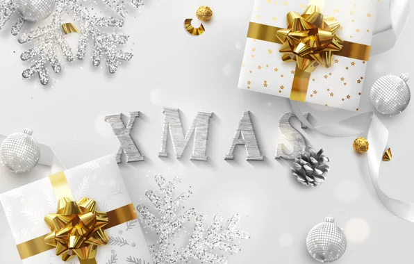White, snowflakes, background, gold, balls, gifts, bumps, decor