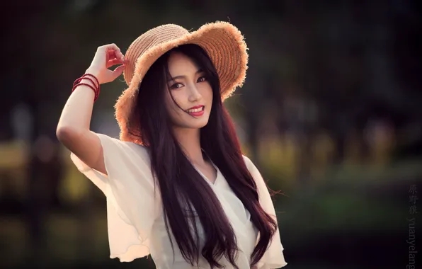 Look, the sun, pose, smile, background, model, portrait, hat