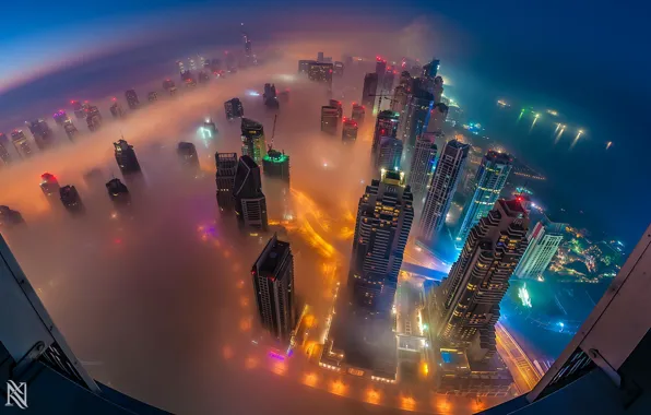 The city, lights, fog, Dubai, UAE, panorama