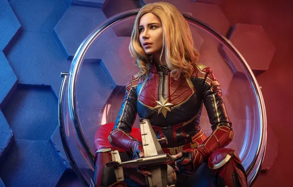 Girl, blonde, cosplay model, captain marvel, Oichi, OichiChan