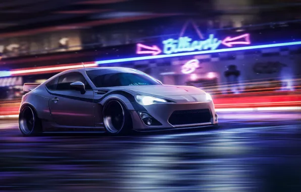 Auto, Night, White, Neon, Machine, Speed, NFS, Subaru BRZ