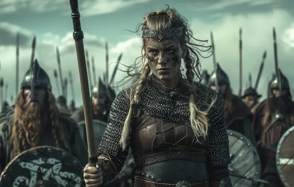 Girl, Warrior, Men, Digital art, The Vikings, Spears, Hats, Shields