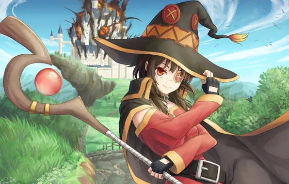 Girl, the explosion, castle, MAG, staff, anime, art, Kono Subarashii sek'ai is Shukufuku wo