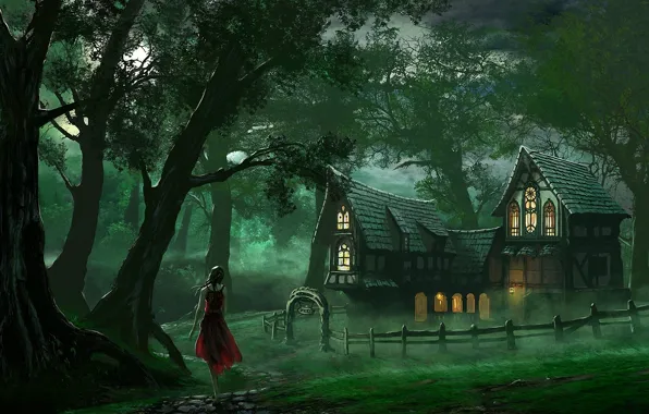 Forest, girl, home, art, track, house, red dress, edli