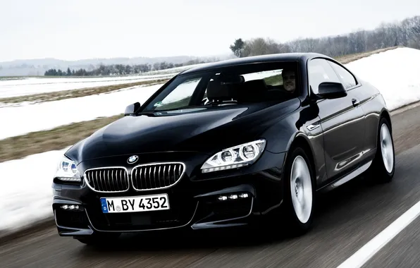 Road, the sky, snow, black, bmw, BMW, coupe, the front
