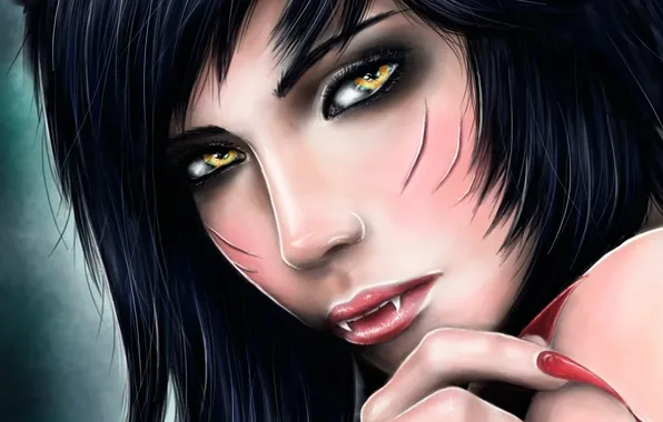 Picture girl, face, blood, teeth, claws, league of legends, ahri, AHRI