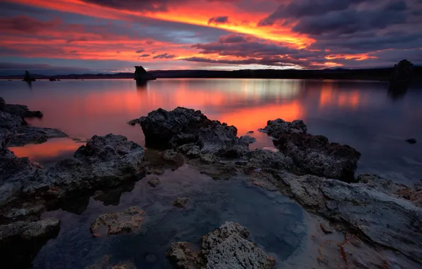 Picture sunset, lake, stones, mirror