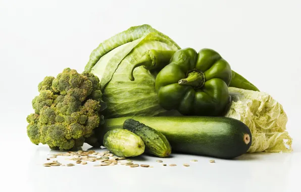 Green, white background, pepper, vegetables, cabbage, cucumbers, broccoli, zucchini