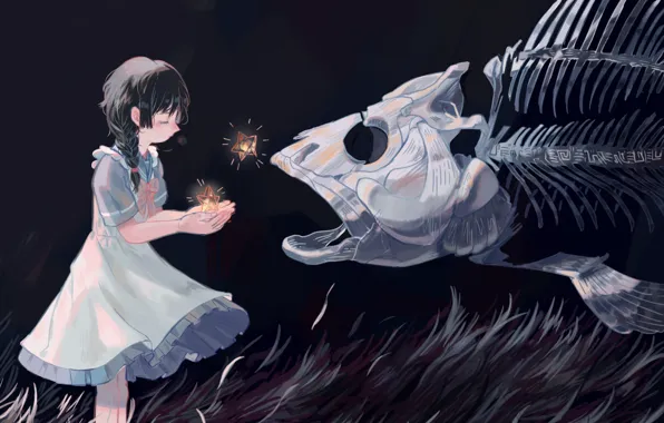 Grass, stars, night, fish, fantasy, skeleton, girl