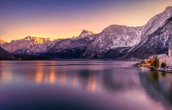The sky, mountains, reflection, shore, tops, the evening, morning, Austria