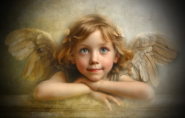 Look, face, child, portrait, wings, angel, hands, girl
