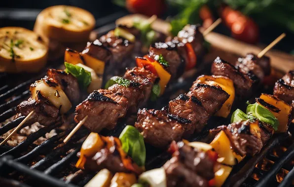 Grille, meat, pieces, vegetables, kebab, skewers, kebabs, skewers