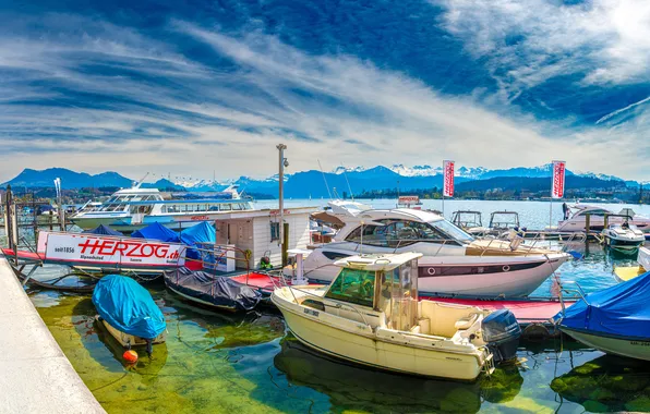 Mountains, lake, boats, Switzerland, boats, piers, Luzern