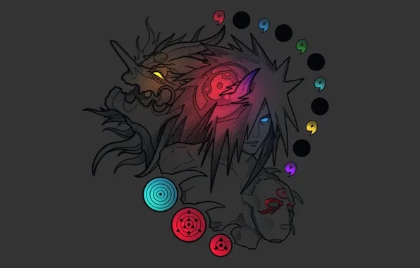 Art, grey background, Naruto, Uchiha Madara