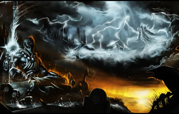 The sky, clouds, lightning, crow, diablo 3, monk, Malthael
