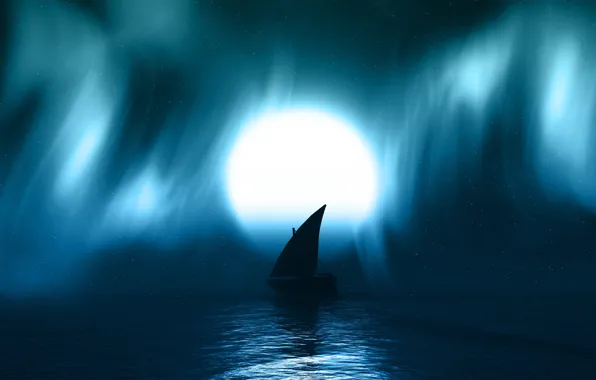 Dark, moon, blue, night, full hd, boat, watter