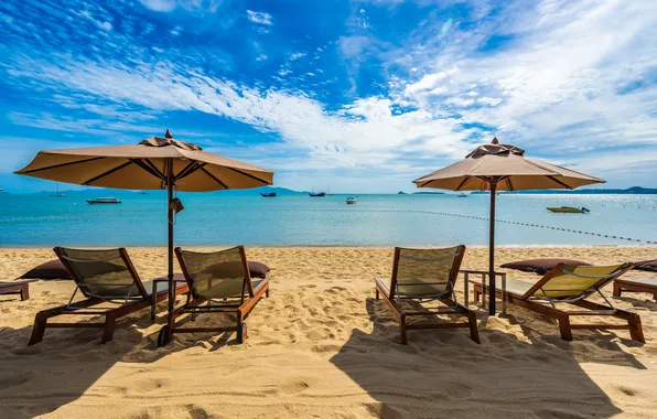 Sand, sea, beach, summer, the sky, shore, vacation, chaise
