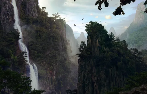 Picture the sky, rocks, bird, vegetation, waterfall