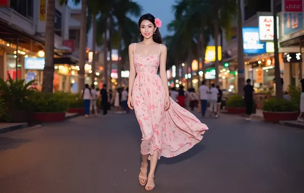 Look, girl, the city, Asian, pink dress, Taika