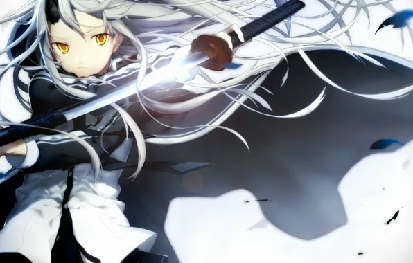 The wind, katana, Schoolgirl, cloak, long hair, yellow eyes