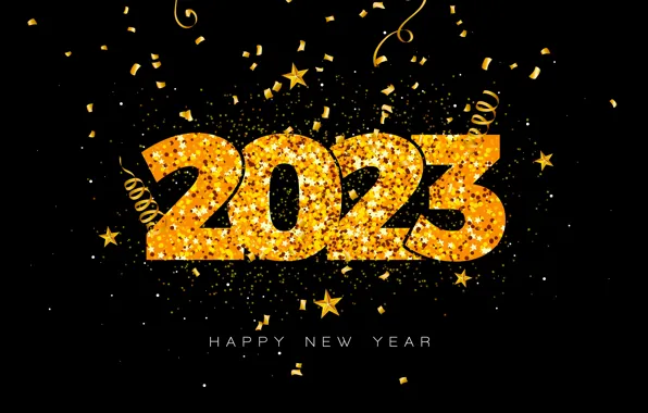 Lights, Shine, figures, New year, black background, gold plated, stars, date