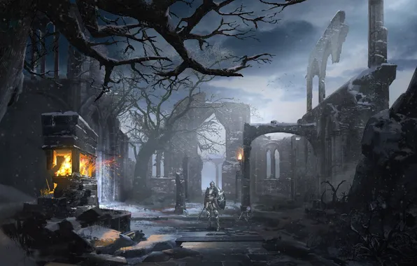 The sky, castle, tree, fire, flame, torch, ruins, knight