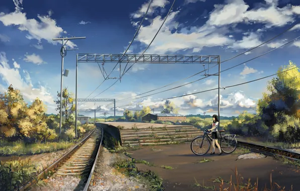 The sky, asphalt, clouds, bike, posts, wire, rails, station
