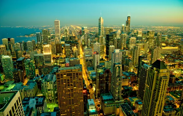 Picture the city, lights, home, morning, Chicago, USA, Illinois, panorama
