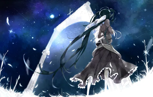 Picture girl, stars, night, wings, feathers, the door, vocaloid, hatsune miku