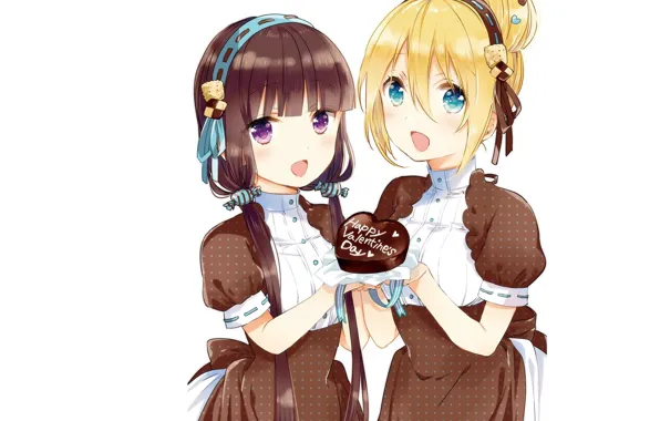 White background, blue eyes, friend, bezel, bangs, chocolate cake, two girls, happy valentine's day