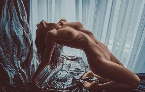Erotic, girl, pose, body, bending, fabric, curtains, Nude
