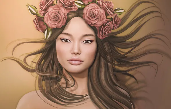 Girl, flowers, face, background, hair
