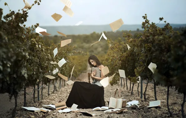 Picture girl, books, vineyard