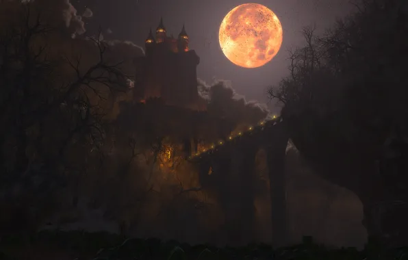 Night, bridge, lights, castle, the moon, graphics, digital, Happy Halloween