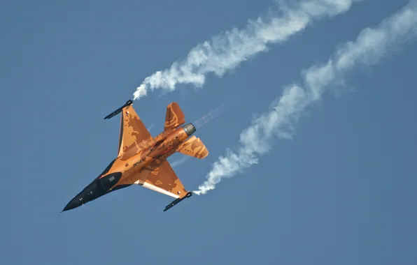 The sky, the plane, smoke, fighter, turn, F-16 AM, Netherlands