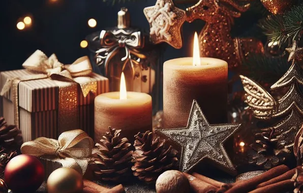 Balls, light, lights, the dark background, toys, star, candles, deer