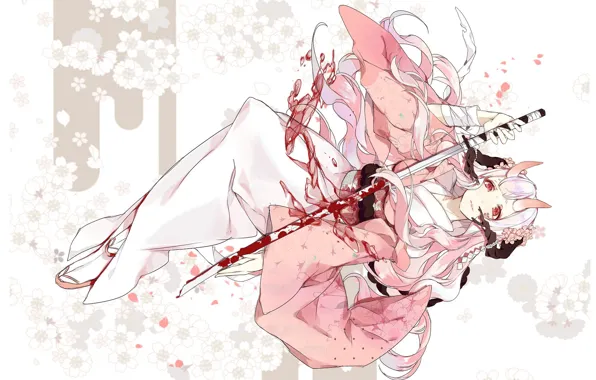 Flowers, pattern, blood, katana, lies, horns, kimono, red eyes