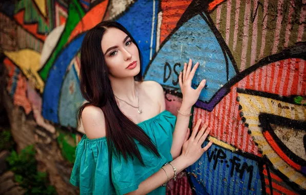 Alina, girl, wall, graffiti, Model, long hair, dress, photo