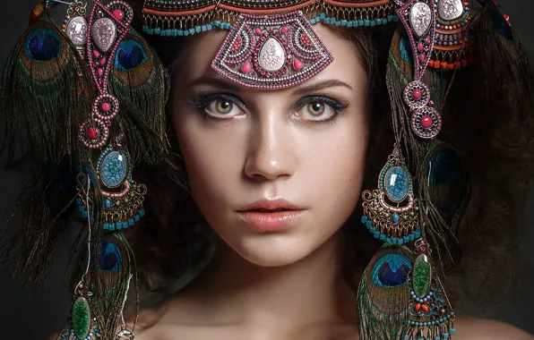 Look, decoration, face, style, portrait, feathers, Kseniya Kokoreva, Nastassja Parshina