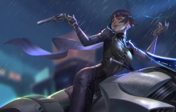 Girl, gun, weapons, rain, the game, anime, art, Person 5