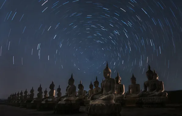 Stars, night, Thailand, the cycle, statues, Buddha