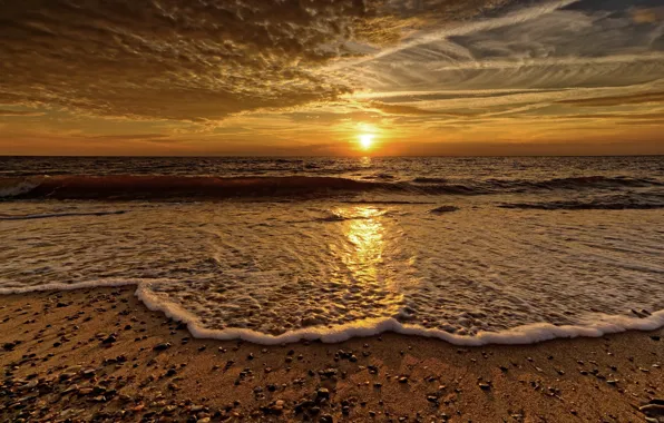 Picture sea, foam, sunset, shore, wave