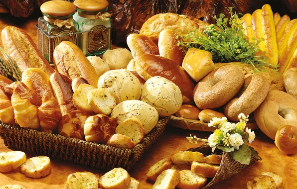 Flowers, table, basket, bread, jars, cakes, drying, buns