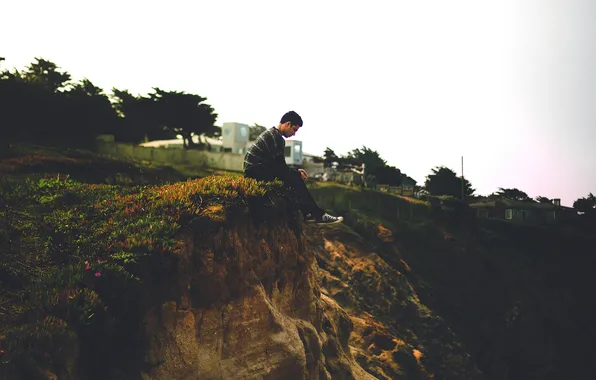 Picture grass, sky, man, houses, cliff, melancholic