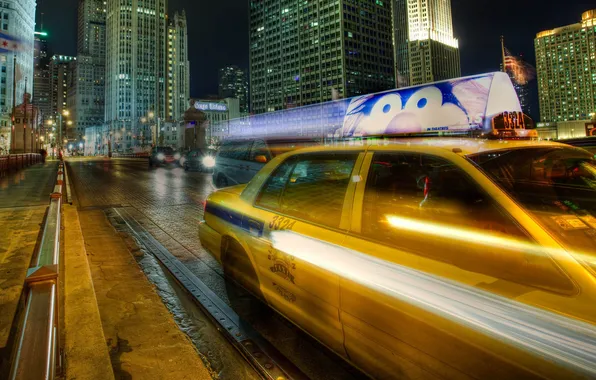 Picture the sky, night, lights, street, building, skyscrapers, taxi, USA