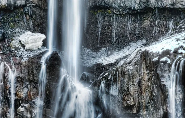 Winter, rock, waterfall