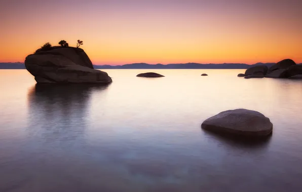 Picture rock, lake, dawn, Lake Tahoe, Bonsai Rock
