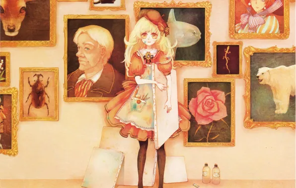 Picture frame, picture, pencils, girl, tubes, canvas, takes, apron